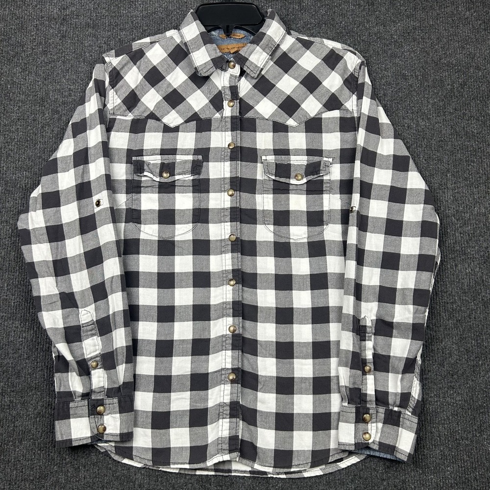 Jachs Girlfriend Medium Top Gray White Plaid Check Snap Button Down - Picture 1 of 15